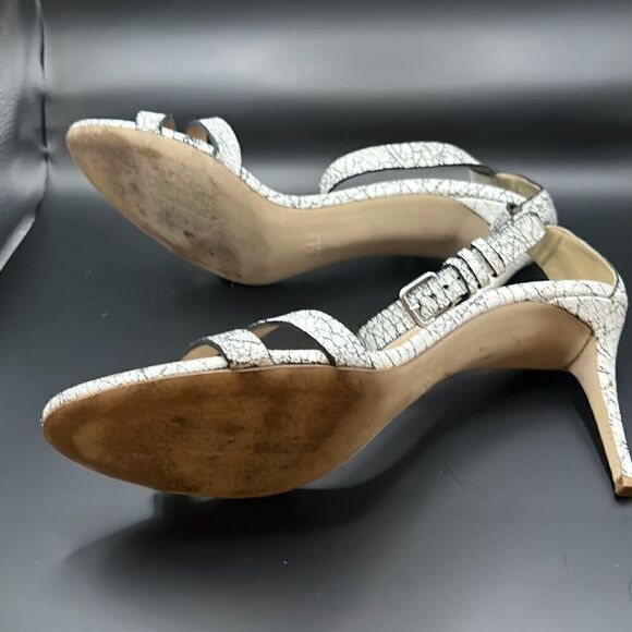 J Crew Size 9 Crackled Ankle Strap High Heel Leather Sandals White Black Marble - Picture 5 of 9